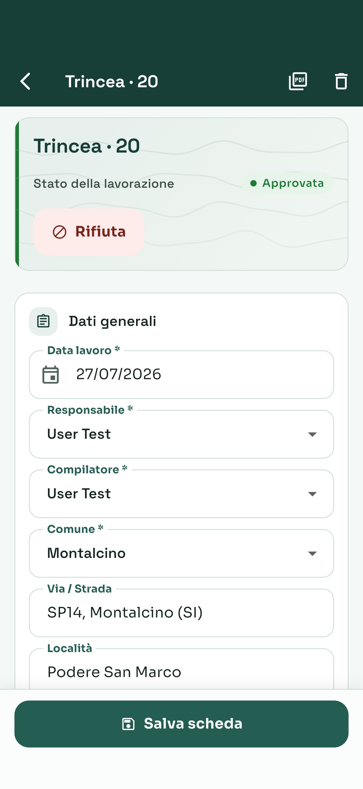 Scheda di scavo nell'app geadi (schermata reale)